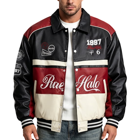 RAOENJADO Men's PU Leather Motorcycle Jacket Vintage Racer Style for Streetwear Red XXXL