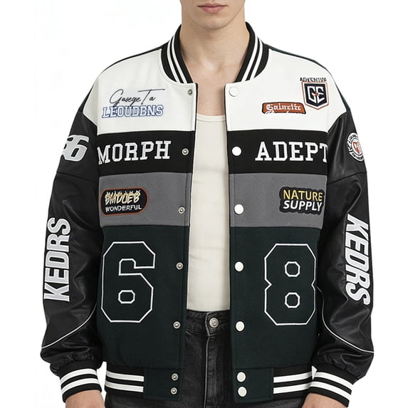 RAOENJADO Mens Racing Jacket Vintage Varsity Bomber Coat with Faux Leather Sleeves Streetwear Dark Green XXXL