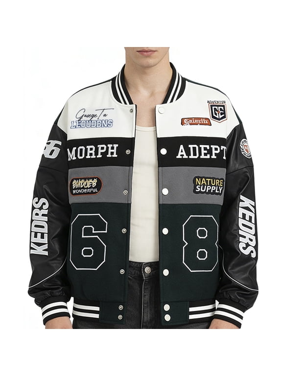 Mens Racing Jacket Vintage Varsity Bomber Coat with Faux Leather Sleeves Streetwear Dark Green XXXL