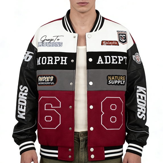 RAOENJADO Mens Racing Jacket Vintage Varsity Bomber Coat with Faux Leather Sleeves Streetwear Red XL