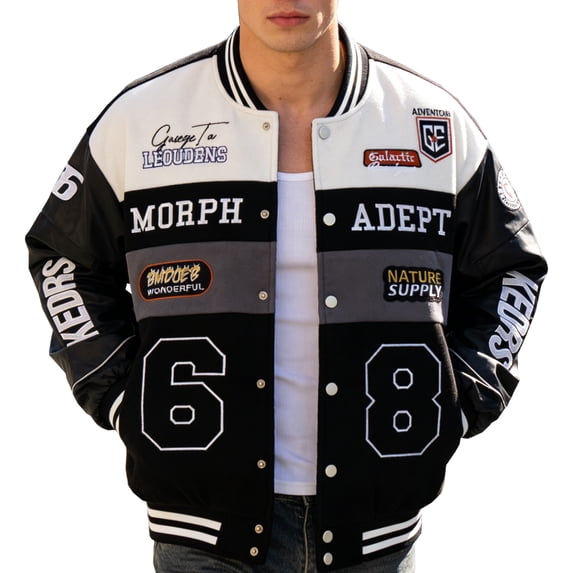 RAOENJADO Mens Racing Jacket Vintage Varsity Bomber Coat with Faux Leather Sleeves Streetwear