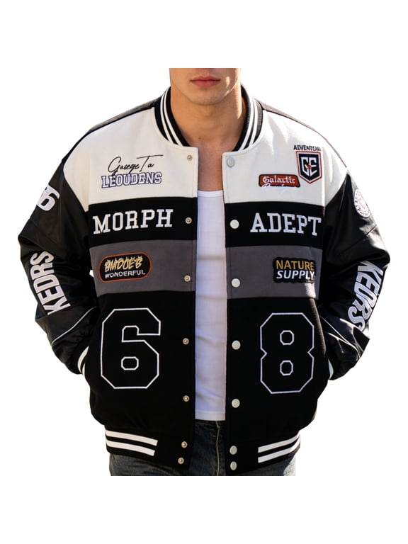 Mens Racing Jacket Vintage Varsity Bomber Coat with Faux Leather Sleeves Streetwear Black XXL