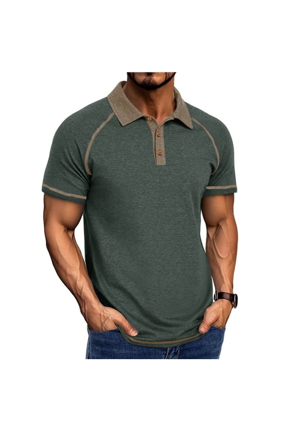 Mens Raglan Short Sleeve Business Casual Golf Shirts 3 Buttons Stretchy Athletic Fit Shirt, Heathered Contrast Stitching Detail Summer Outdoor Tennis Top for Workout