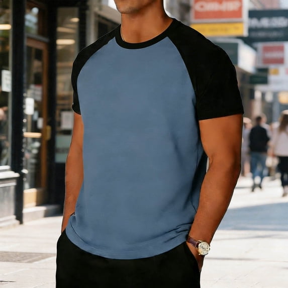Mens Raglan Short Sleeve Tee Shirt - Basic Casual Slim Fitting T-Shirts Light Blue XXL