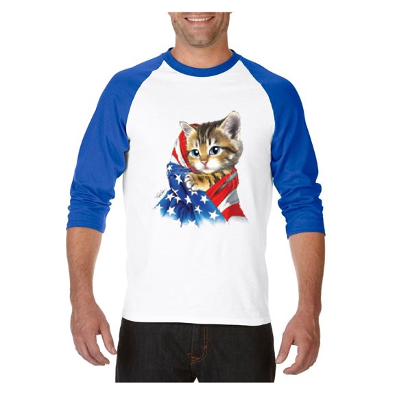 Mens Raglan Sleeve Baseball T-Shirts - American Flag 4th of July Kitty