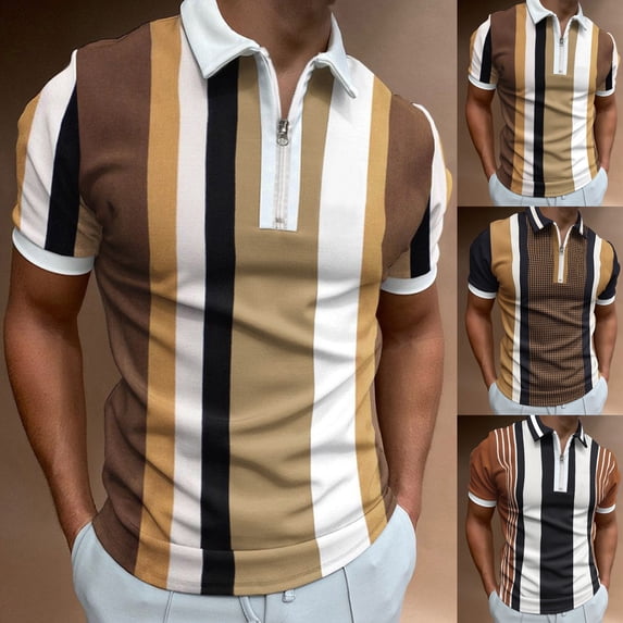 Mens Raglan Sleeve Polo Shirt Color Block Stripe Zip Placket T Shirt Summer Short Sleeve Top Coffee L