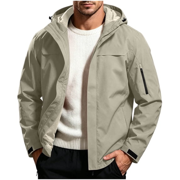 Mens Rain Jacket Lightweight Solid Color Windproof And Waterproof Zipper Parka Coat Athletic Coat Hooded Outwear Winter Fall Outerwear with Pockets