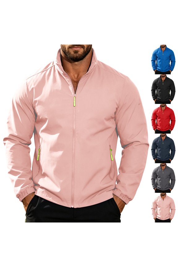 Mens Rain Jacket Stand Collar Lightweight Sports Jacket Full Zip Windproof Waterproof Outdoor Hiking Coat with Pockets for Daily Travel Running Workout XL