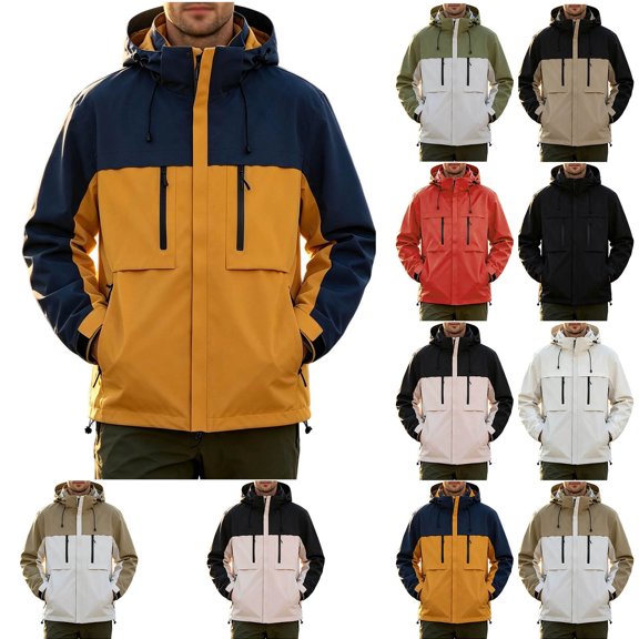 Mens Rain Jacket Waterproof Windbreaker Full Zip Hooded Rain Coat Lightweight Multi Pockets Outdoor Hiking Running Cycling Jackets Men Breathable
