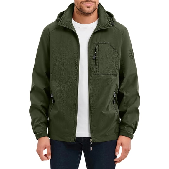 Mens Rain Jacket Windproof And Waterproof Solid Color Elastic Cord Hooded Zipper Jacket Outdoor Casual Outerwear Windbreaker with Pockets
