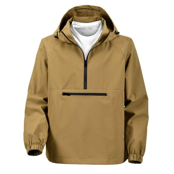 Mens Rain Jackets Waterproof Lightweight Raincoat Quarter Zip Track Jacket Windbreaker with Hood for Hiking Running Brown S