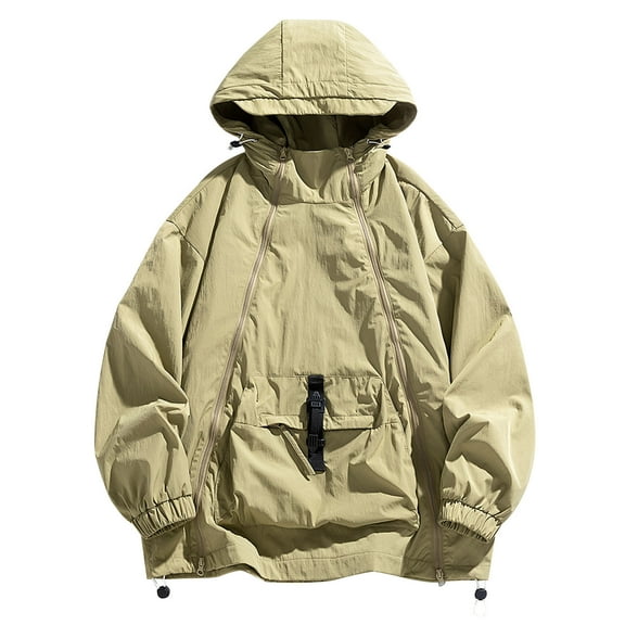 Mens Rain Jackets with Pocket and Hoodie Long Sleeve Double Zip Up Raincoats Solid Color Waterproof Windbreaker Hiking Work Outerwear Coats