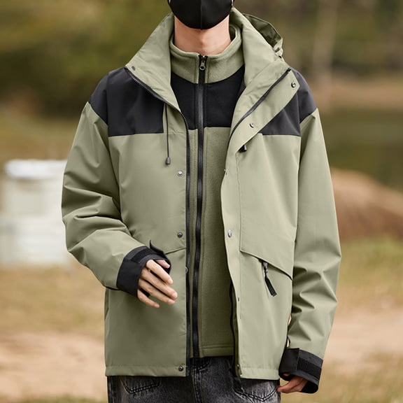 Mens Rain Jackets with Pockets and Hooded Removeable Fleece Coats Long Sleeve Zip Up Color Block Waterproof Thermal Warm Hiking Climbing Raincoats