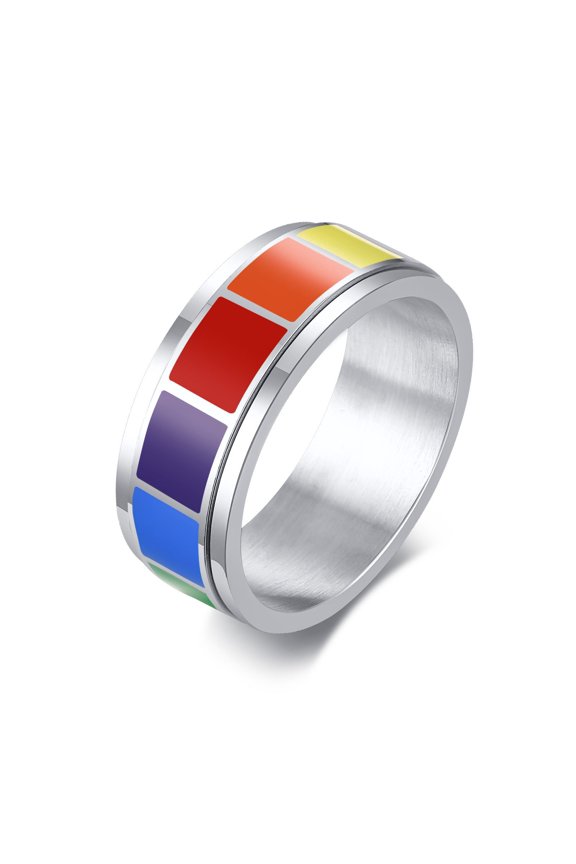 Mens Rainbow Drop Rotatable Ring Titanium Steel Black Finish Modern Accessory Statement Piece For Everyday Now