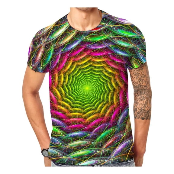 Mens Rainbow Vortex Optical Illusion 3D Print Crew Neck Short Sleeve T Shirt, Full Print Crew Neck Short Sleeve Tee, Casual Summer Top, All Over Printed Graphic T-Shirt