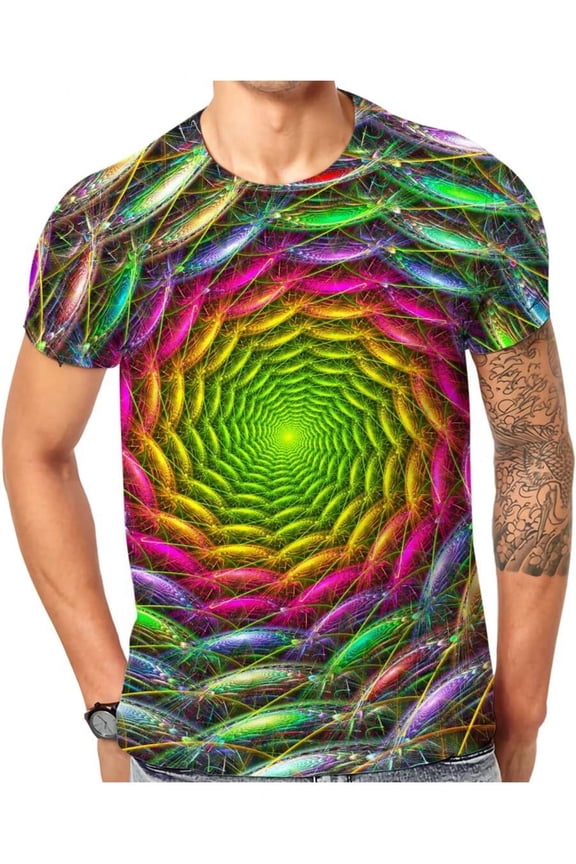 Mens Rainbow Vortex Optical Illusion 3D Print Crew Neck Short Sleeve T Shirt, Full Print Crew Neck Short Sleeve Tee, Casual Summer Top, All Over Printed Graphic T-Shirt