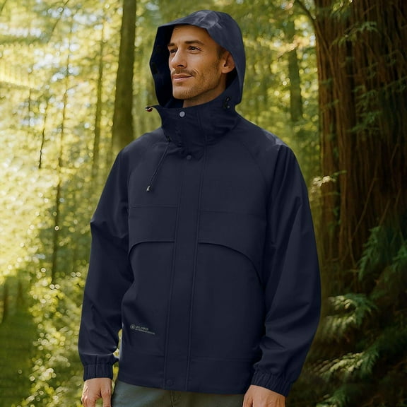 Mens Raincoats Man Solid Color Windproof Water Prooft Zipper Pocket Drawstring Hooded Outdoor Jacket Coat Rain Jacket Men Winter Coats Long Sleeve Tops Men Rain Jacket Men Basic tops