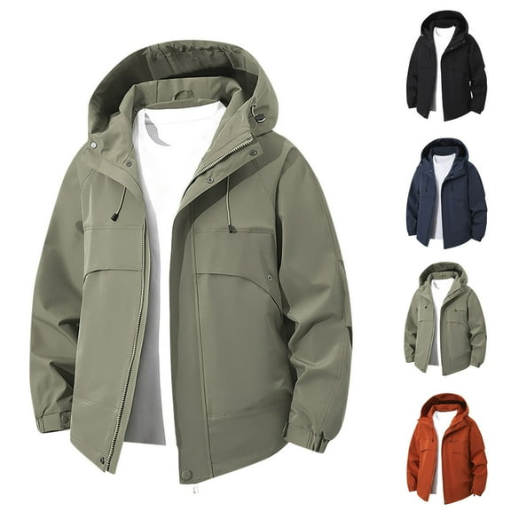 Mens Raincoats Plus Size Mens Jackets Men's Thin Sports Multi-bag Casual Loose Mountaineering Tooling Outdoor Long Sleeve Hooded Casual Outwear Jackets, S-4XL
