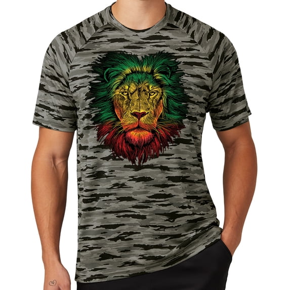 Mens Rasta Colors Lion Rastafarian Moisture-Wicking Camo Tee Shirt, 3XL Black