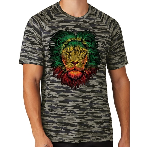 Mens Rasta Colors Lion Rastafarian Moisture-Wicking Camo Tee Shirt, 3XL True Navy