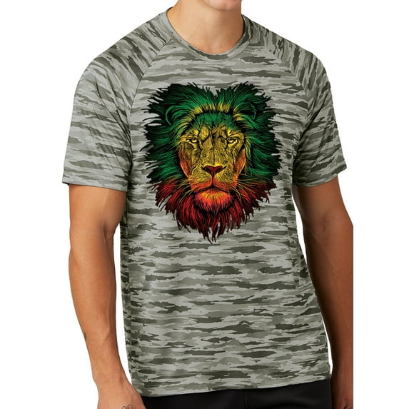Mens Rasta Colors Lion Rastafarian Moisture-Wicking Camo Tee Shirt, Medium Silver