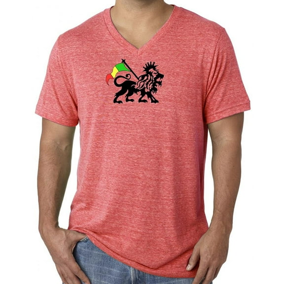 Mens Rasta Lion Tri Blend V-neck Tee - Red Triblend, 2XL