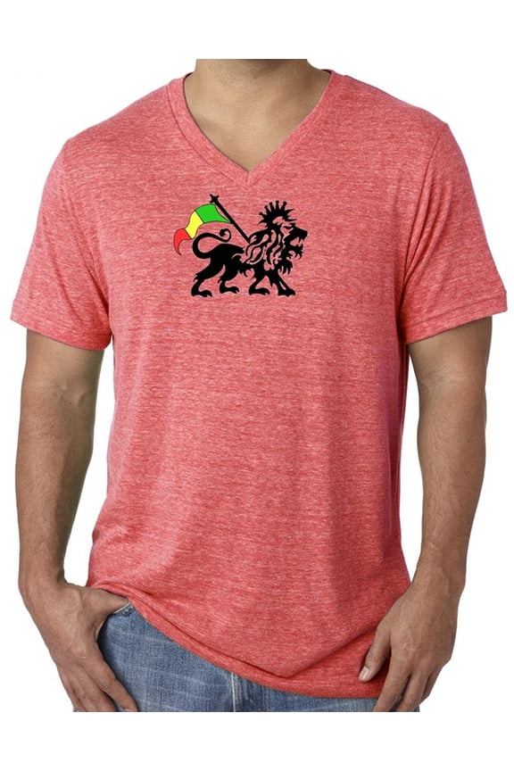 Mens Rasta Lion Tri Blend V-neck Tee - Red Triblend, XL