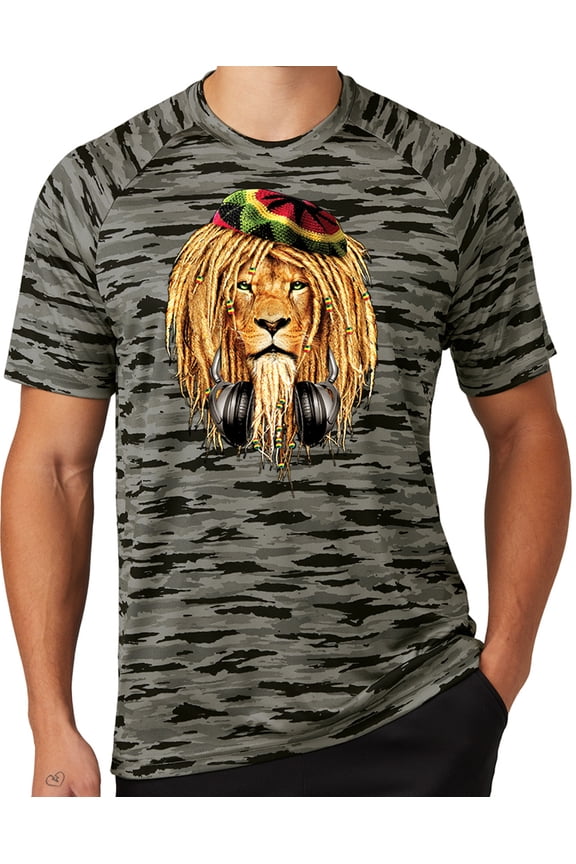 Mens Rasta Lion with Headphones Rastafarian Moisture-Wicking Camo Tee Shirt, Medium Black