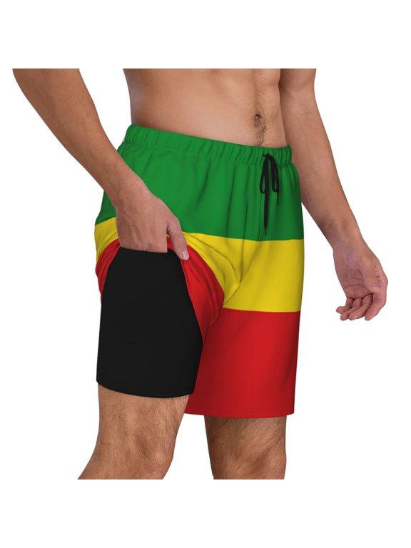 Mens Rastafari Flag Swimming Trunks with Compression Liner Beach Quick Dry Swim Shorts