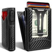 AOMGO Slim Wallet for Men, Pop Up Card Holder with Money Clip, ID Window and Magnetic Closure, Vegan Leather Minimalist Bifold Wallet, Carbon Fiber Design, Black