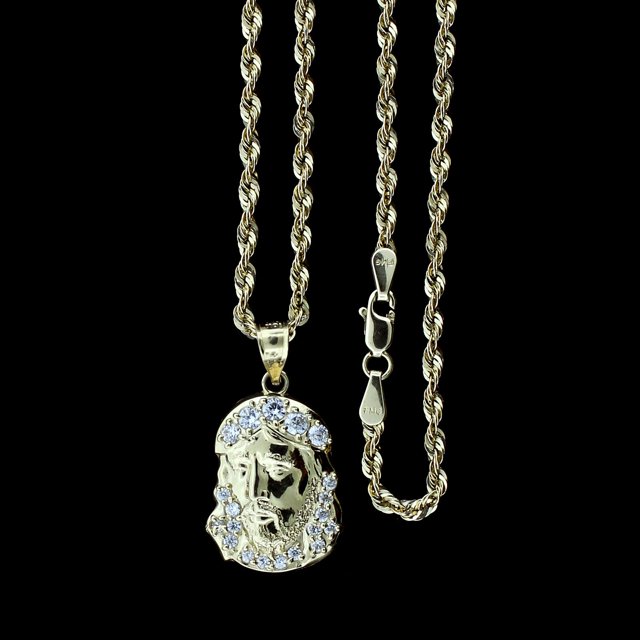Mens Real 10K Yellow Gold Jesus Head Face Charm Pendant & 2.5mm Rope