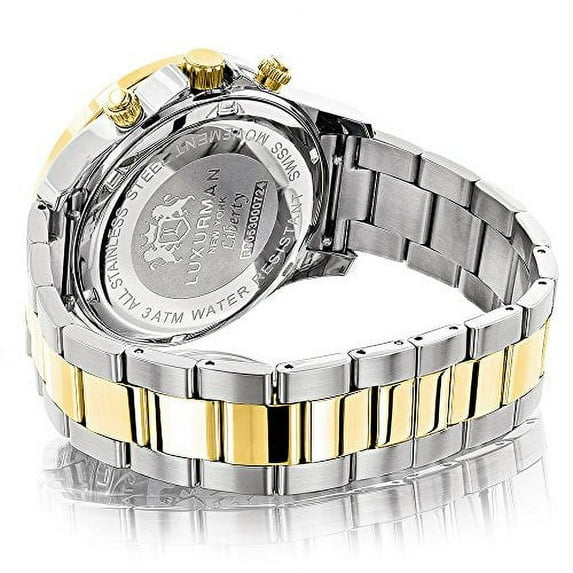 Mens Real Diamond Watches: 18k Yellow White Gold Plated Swiss Quartz Liberty with MOP Dial