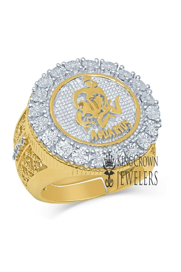 Mens Real Genuine Diamonds Aquarius Water Zodiac Sign Astrology Horoscope Ring 10K Gold Finish Pinky Band