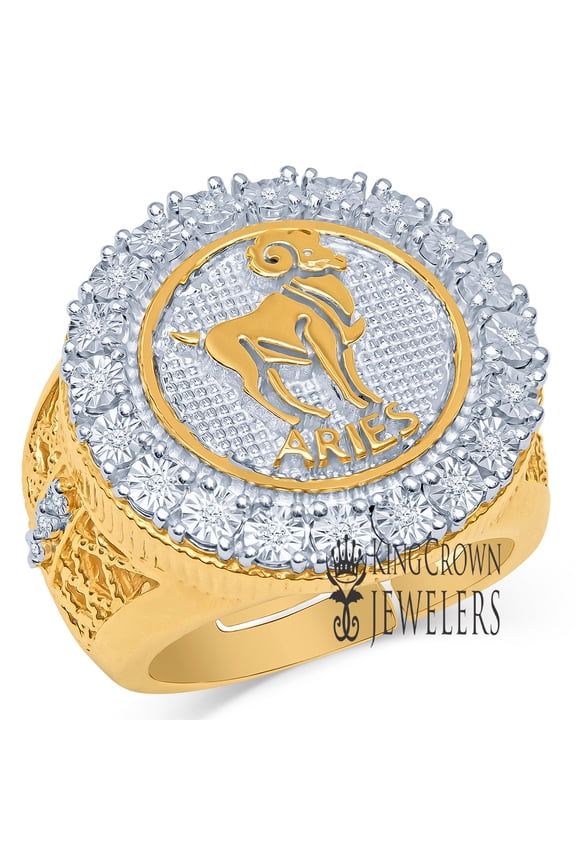Mens Real Genuine Diamonds Aries Ram Zodiac Sign Astrology Horoscope Ring 10K Yellow Gold Tone Pinky Band
