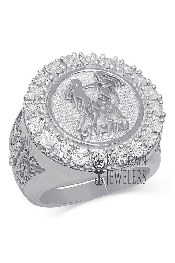 Mens Real Genuine Diamonds Gemini Twins Zodiac Sign Astrology Horoscope Ring 10K White Gold Finish Pinky Band 25mm