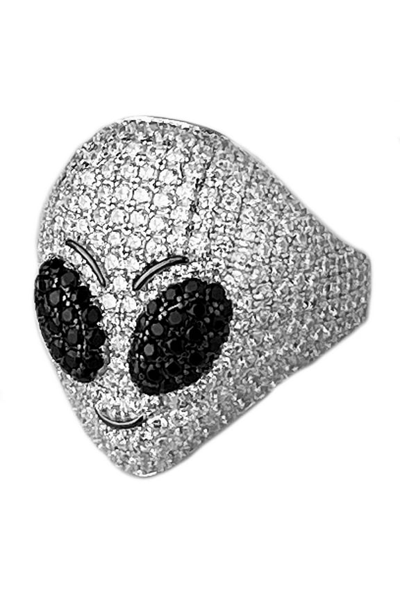 Mens Real Solid 925 Sterling Silver Alien Head Ring Area 51 Grey Iced Micro Pave Size 13