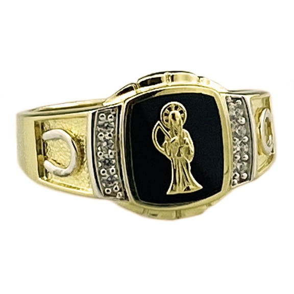Mens Real Solid 925 Sterling Silver Gold Plated Onyx Nuestra Señora De La Santa Muerte Grim Reaper CZ Ring Size 7