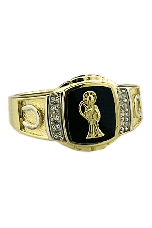 Mens Real Solid 925 Sterling Silver Gold Plated Onyx Nuestra Seora De La Santa Muerte Grim Reaper CZ Ring Size 10