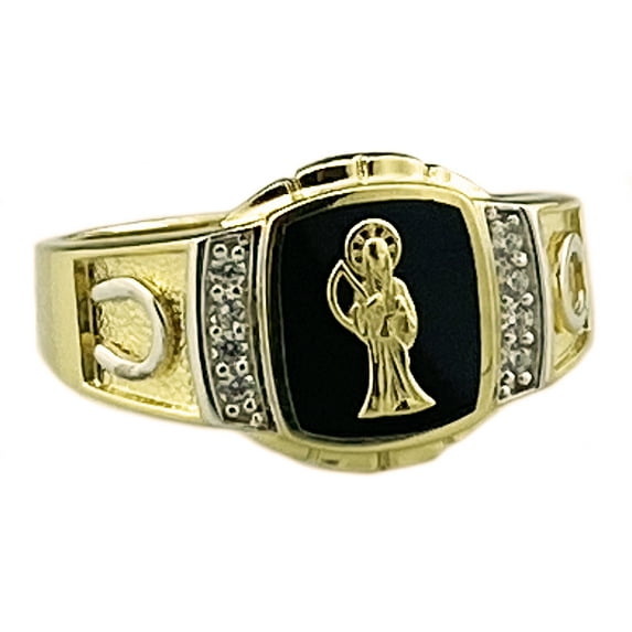 Mens Real Solid 925 Sterling Silver Gold Plated Onyx Nuestra Señora De La Santa Muerte Grim Reaper CZ Ring Size 10