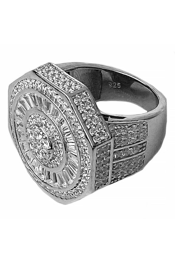 Mens Real Solid 925 Sterling Silver Octagon Hip Hop Ring Big Heavy Iced Baguette Finger Bling Size 8