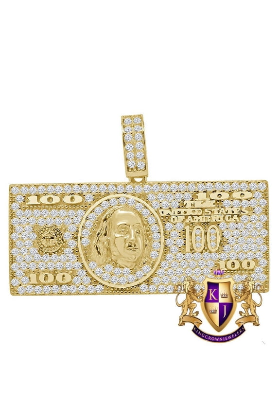Mens Real Yellow Gold On Sterling Silver Simulated Diamond 100 Dollar Money Bill Cash Custom Pendant Charm