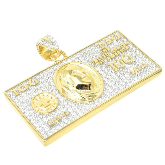 Mens Real Yellow Gold Sterling Silver 100 Dollar Bill Cash Custom Pendant Charm