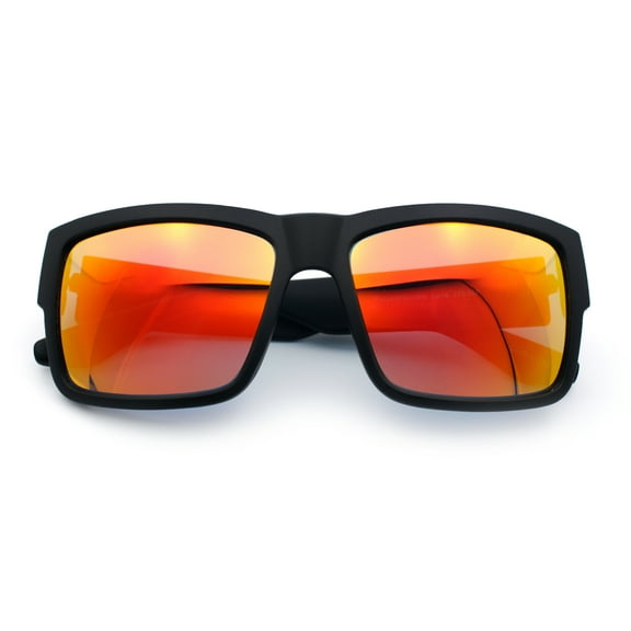 Mens Rectangle 90s Thick Horn Rim Skater Sport Plastic Sunglasses Matte Black - Orange Mirror