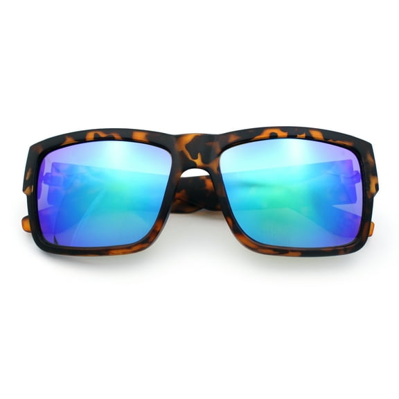 Mens Rectangle 90s Thick Horn Rim Skater Sport Plastic Sunglasses Tortoise - Teal Mirror
