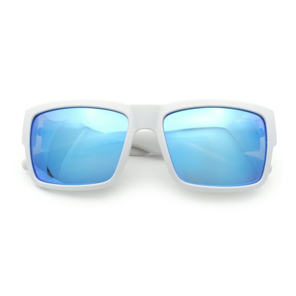 Mens Rectangle 90s Thick Horn Rim Skater Sport Plastic Sunglasses White - Blue Mirror