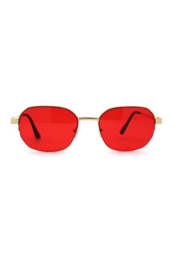 Mens Rectangular Half Rim 90s Gangster Sunglasses Gold Red