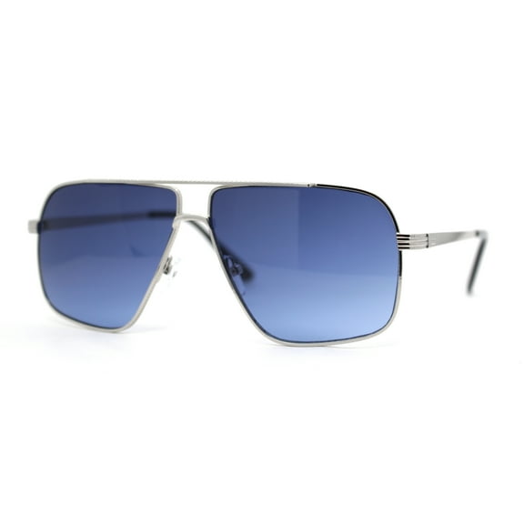 Mens Rectangular Metal Rim Officer Gentlemanly Racer Sunglasses Silver - Navy