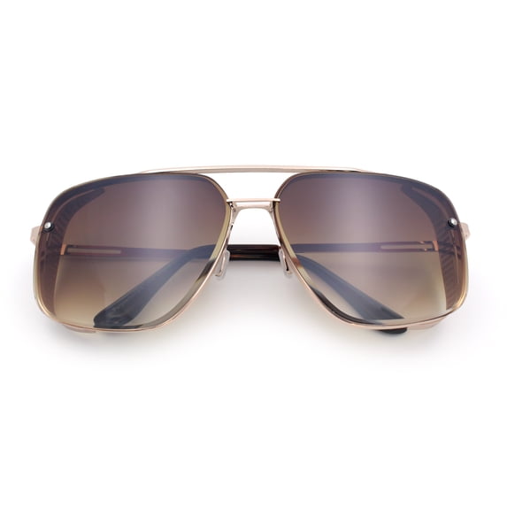 Mens Rectangular Rimless Racer Perforated Side Visor Metal Sunglasses Gold - Gradient Brown