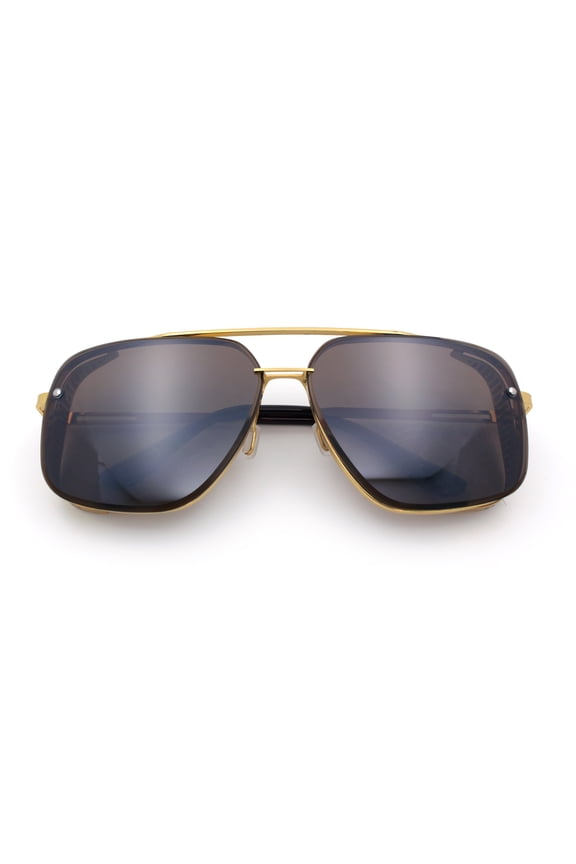Mens Rectangular Rimless Racer Perforated Side Visor Metal Sunglasses Gold - Solid Brown