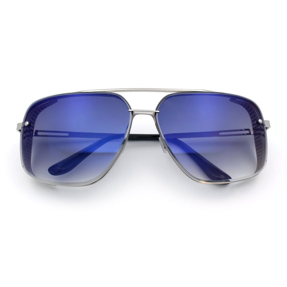 Mens Rectangular Rimless Racer Perforated Side Visor Metal Sunglasses Silver - Blue Mirror